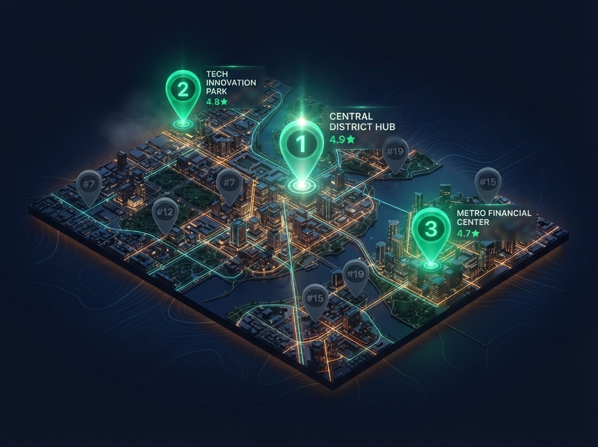 3D Google Maps ranking visualization: top 3 emerald pins glowing above dim lower-ranked pins