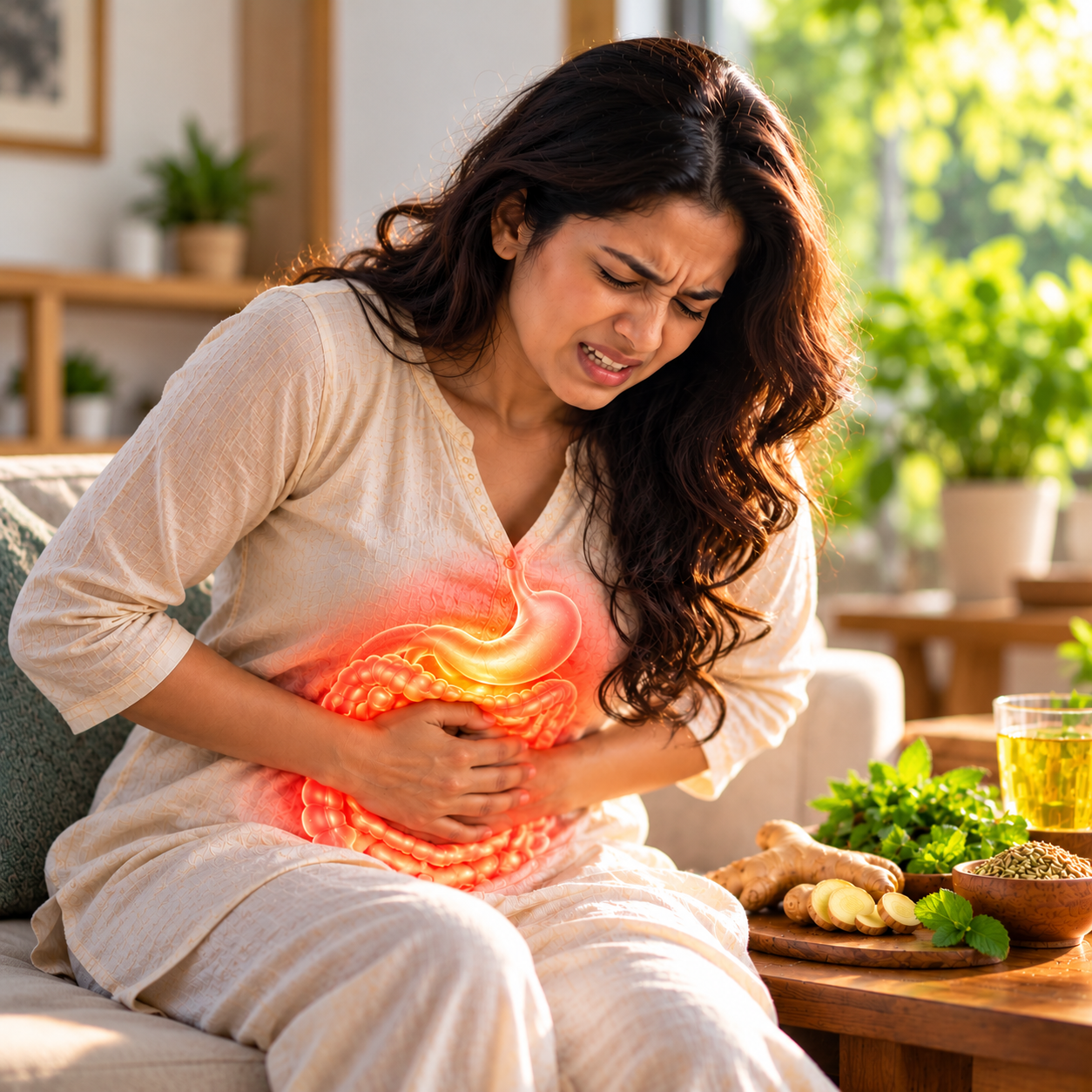 Woman experiencing abdominal digestive discomfort and burning sensations
