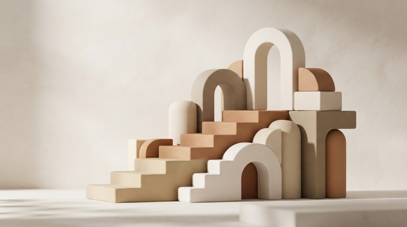 Abstract sculptural forms in warm sand and terracotta tones representing building credit step by step