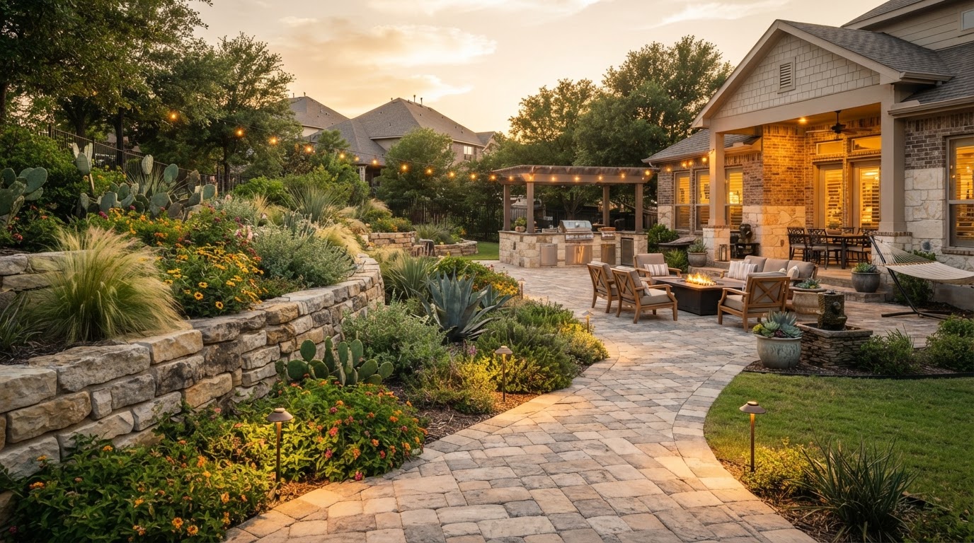 Custom interlock paver patio with natural stone retaining wall and warm outdoor lighting in a landscaped McKinney, Texas backyard at golden hour, built to last through North Texas weather