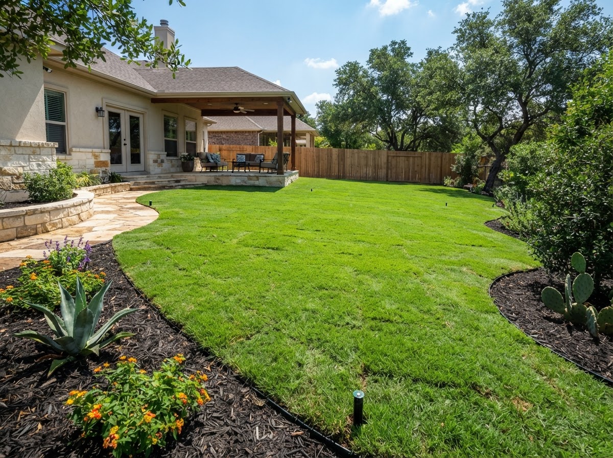 Professional sod installation and grass seeding graded for drainage and selected for Texas heat tolerance and a lasting lawn.