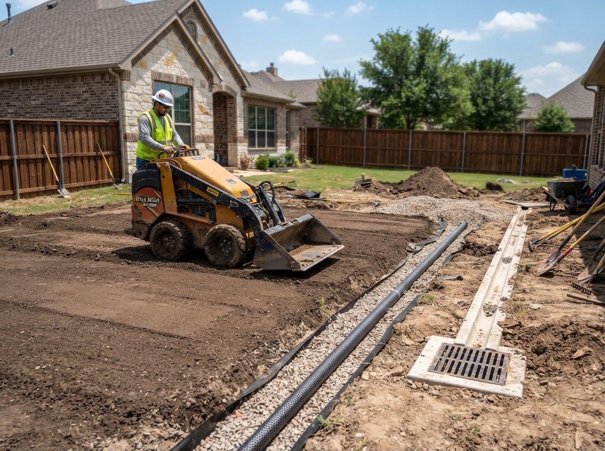 Mini skid steer site grading and drainage solutions that redirect stormwater, prevent pooling, and protect your hardscape and foundation.
