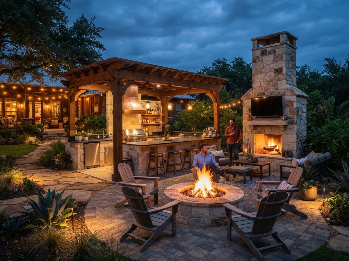 Custom outdoor kitchens, fire pits, and fireplaces built to survive Texas summers and extend outdoor living into cool evenings.