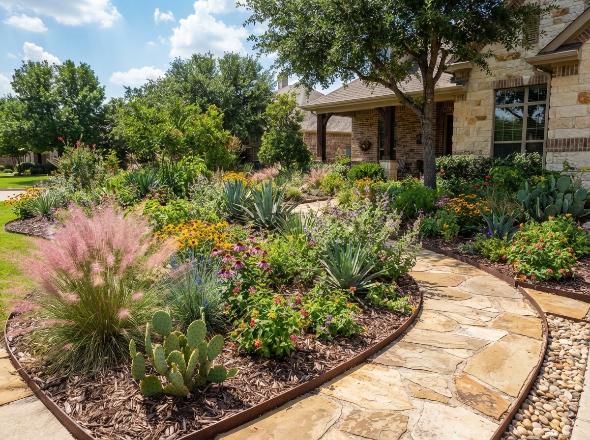 Drought-tolerant, freeze-hardy plant selection and installation chosen to survive North Texas heat, drought, storms, and winter freezes.