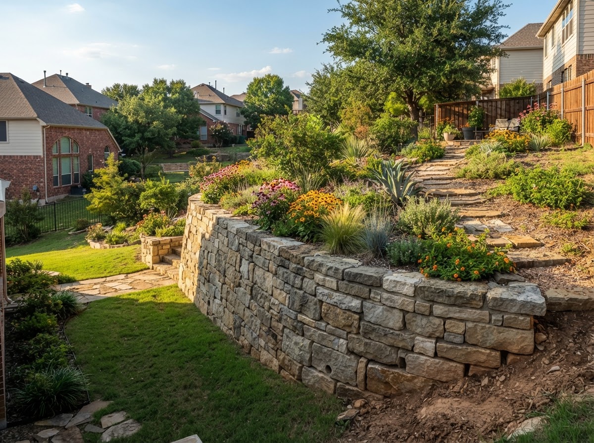 Structural retaining walls and natural stone features that hold back North Texas clay, manage grade changes, and look better with age.