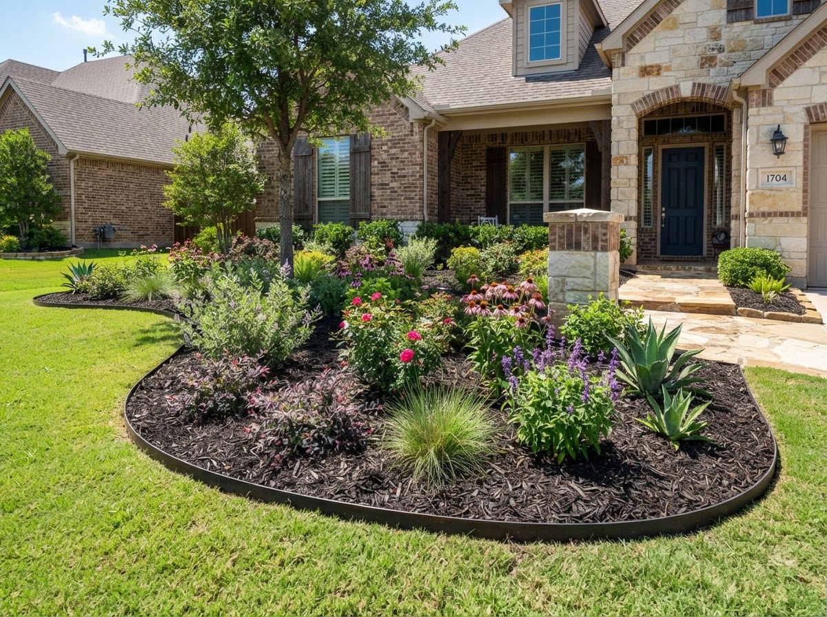 Flower bed design, soil bed preparation, and mulching that improves drainage and protects roots through Texas temperature swings.