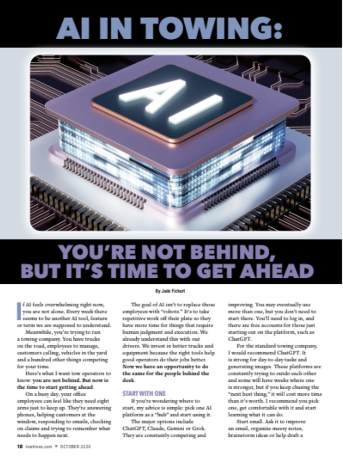 Jade Fickert article AI in Towing: You're Not Behind, But It's Time to Get Ahead in Tow Times