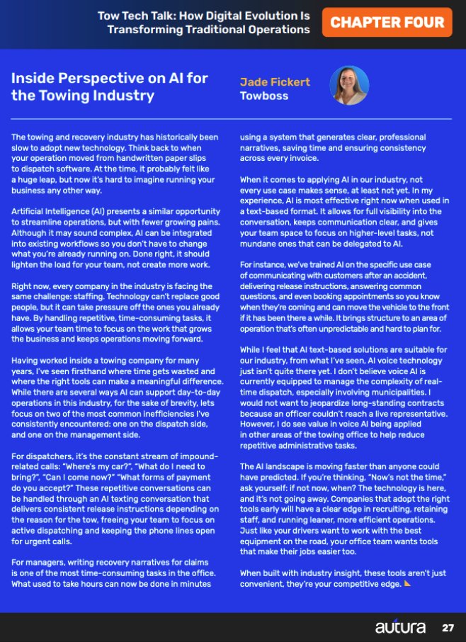 Jade Fickert article in Autura State of Towing Report, Chapter Four