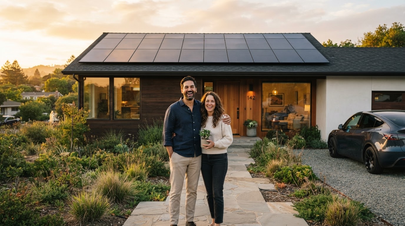 Happy homeowner standing in front of a modern home with sleek all-black solar panels
