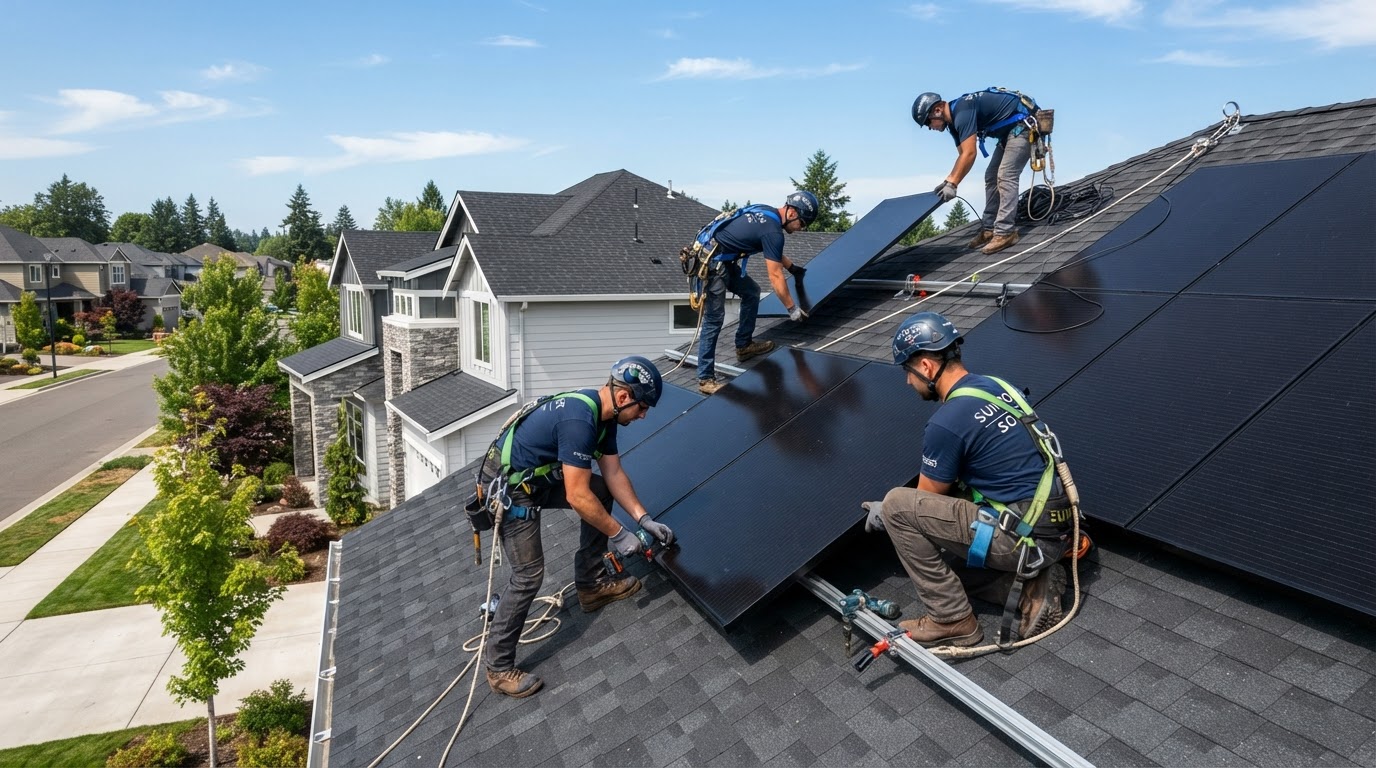 Invictus certified installers mounting sleek all-black solar panels on a residential roof