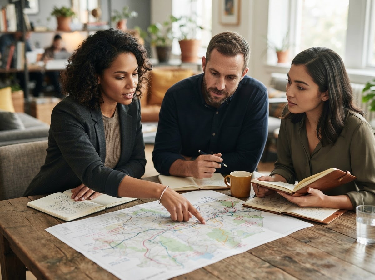A small team gathered around a table pointing at a planning map and open notebooks during a strategic planning session