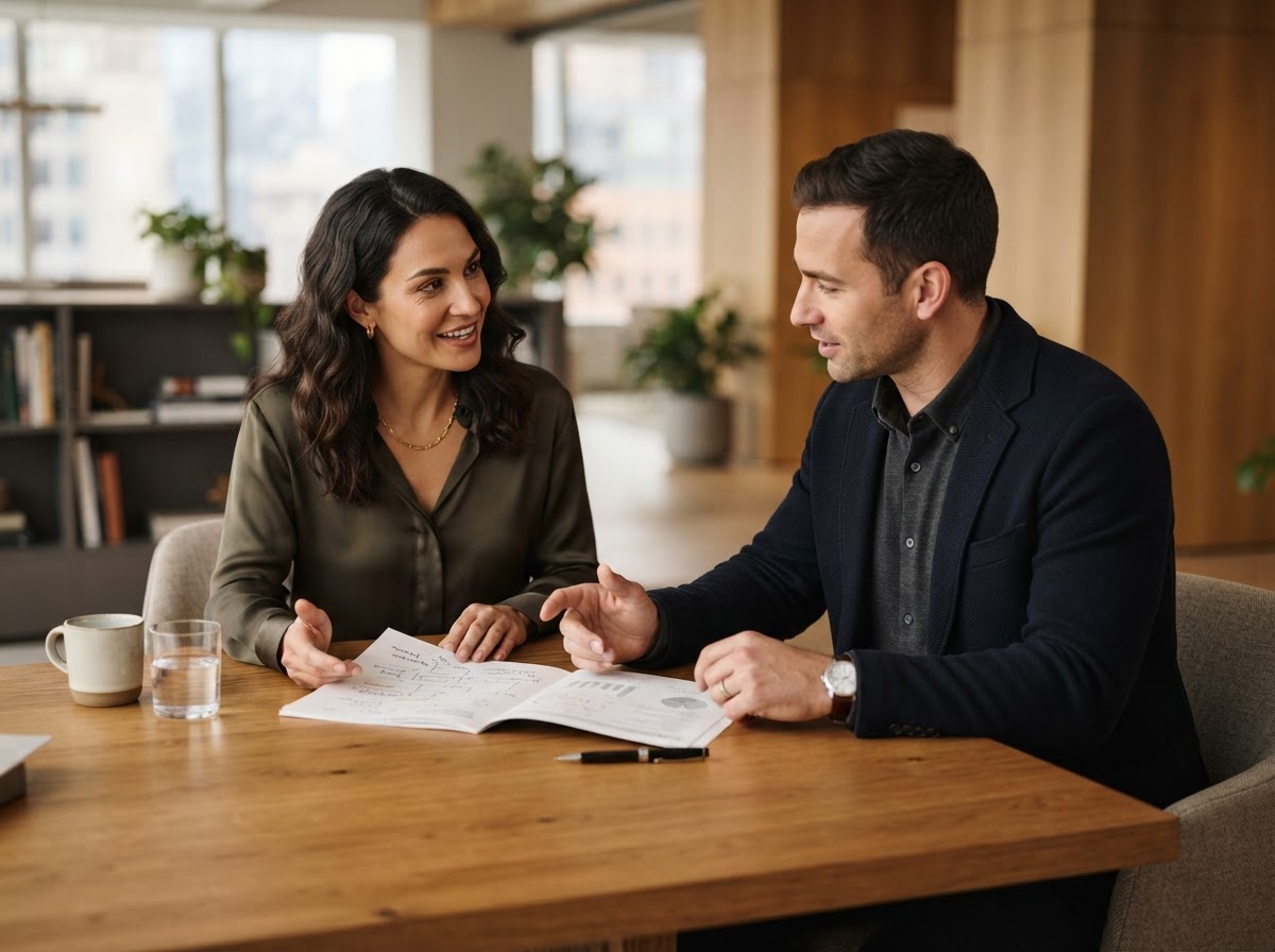 Two business consultants reviewing a strategy document together at a wooden conference table