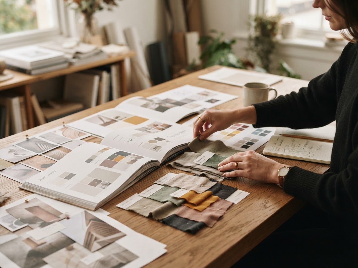 A creative professional reviewing brand guidelines and fabric color swatches arranged across a desk