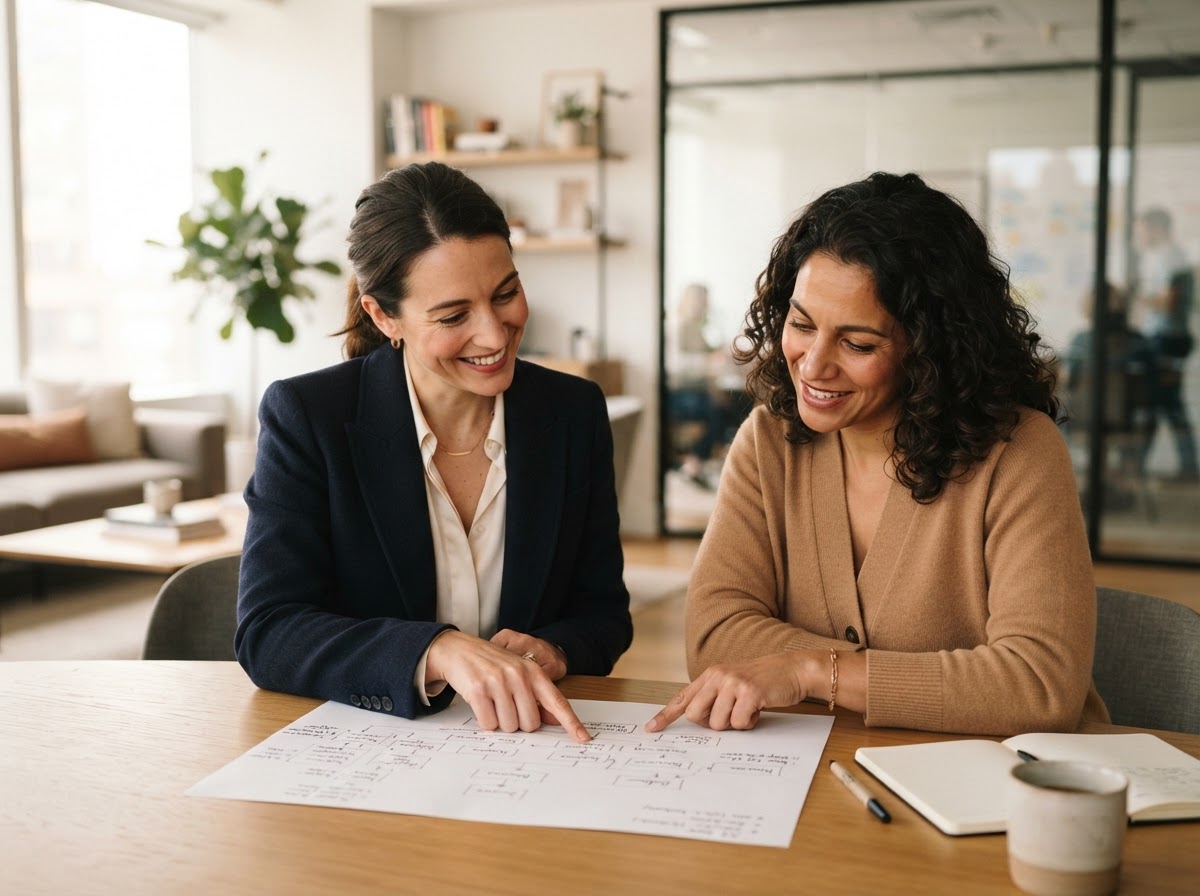 Two people having a one-on-one discussion in a bright office while reviewing an organizational chart on paper
