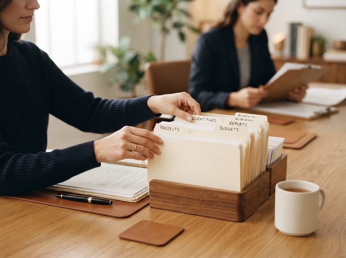 Hands organizing neatly labeled folders and documents on a clean desk, a colleague reviewing a clipboard in the background