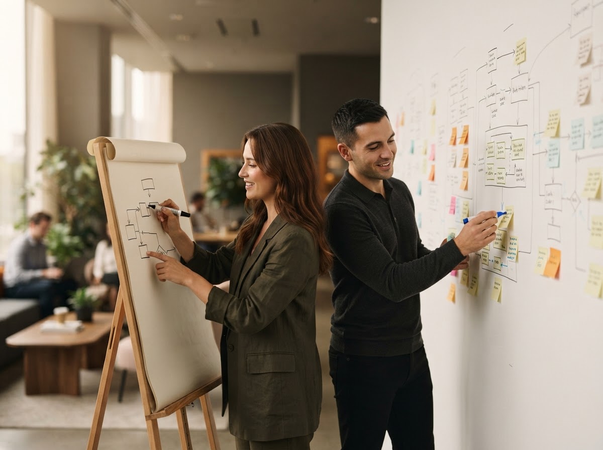 Two professionals sketching a process flowchart with markers on a notepad and arranging sticky notes on a wall