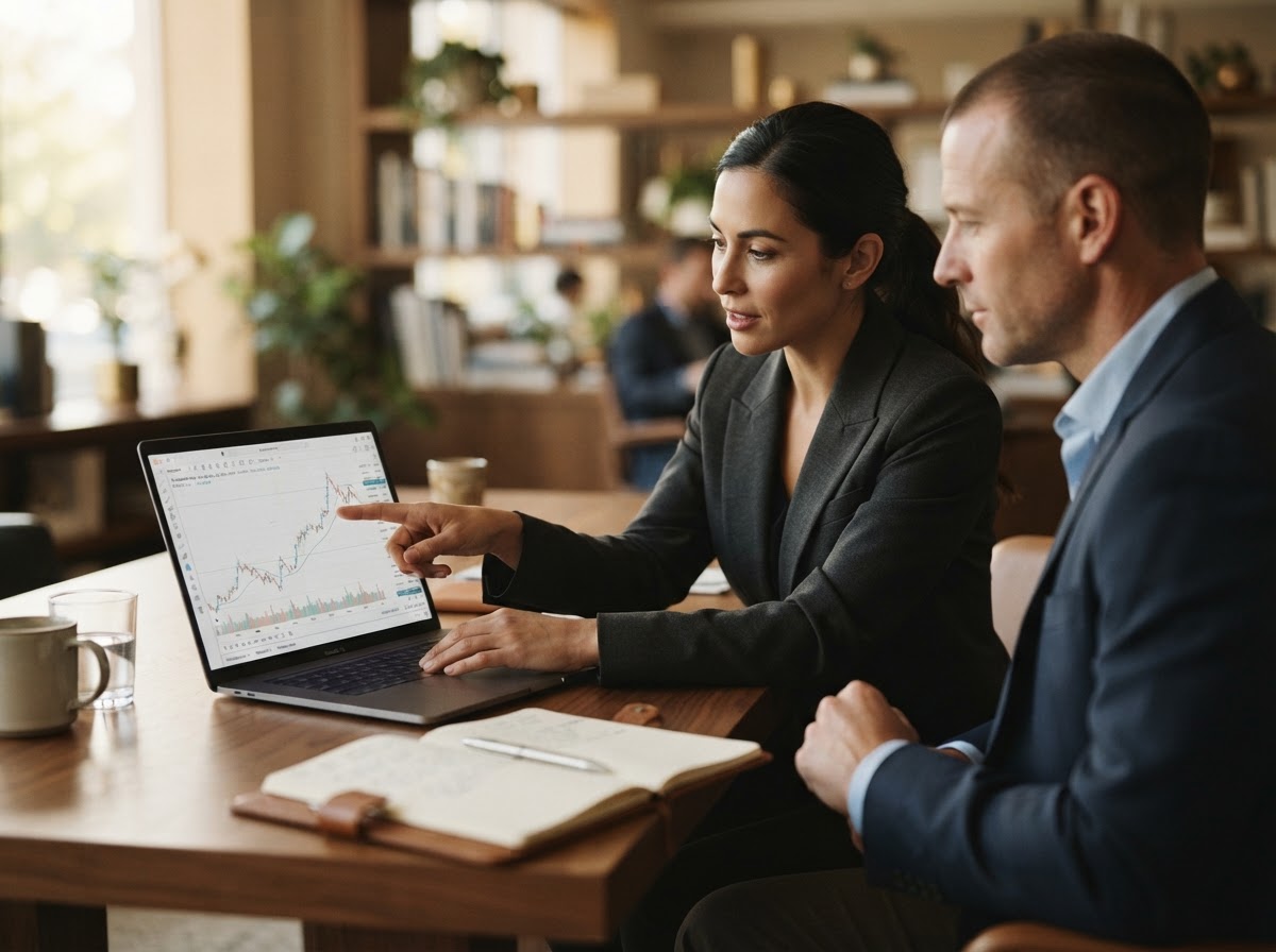 A business advisor reviewing financial reports and line charts on a laptop with a client seated beside them at a desk