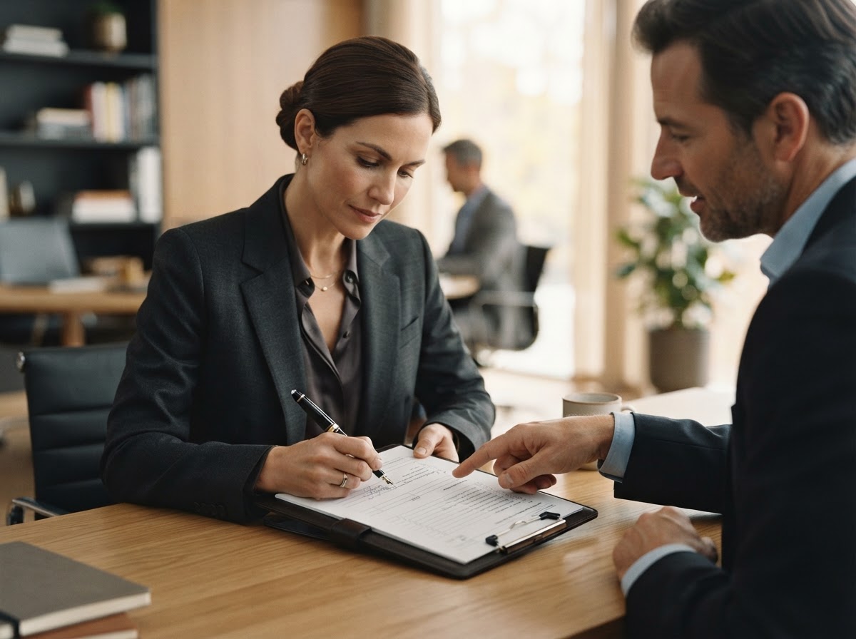 A professional reviewing and signing a document on a clipboard with a colleague during a compliance meeting at a desk