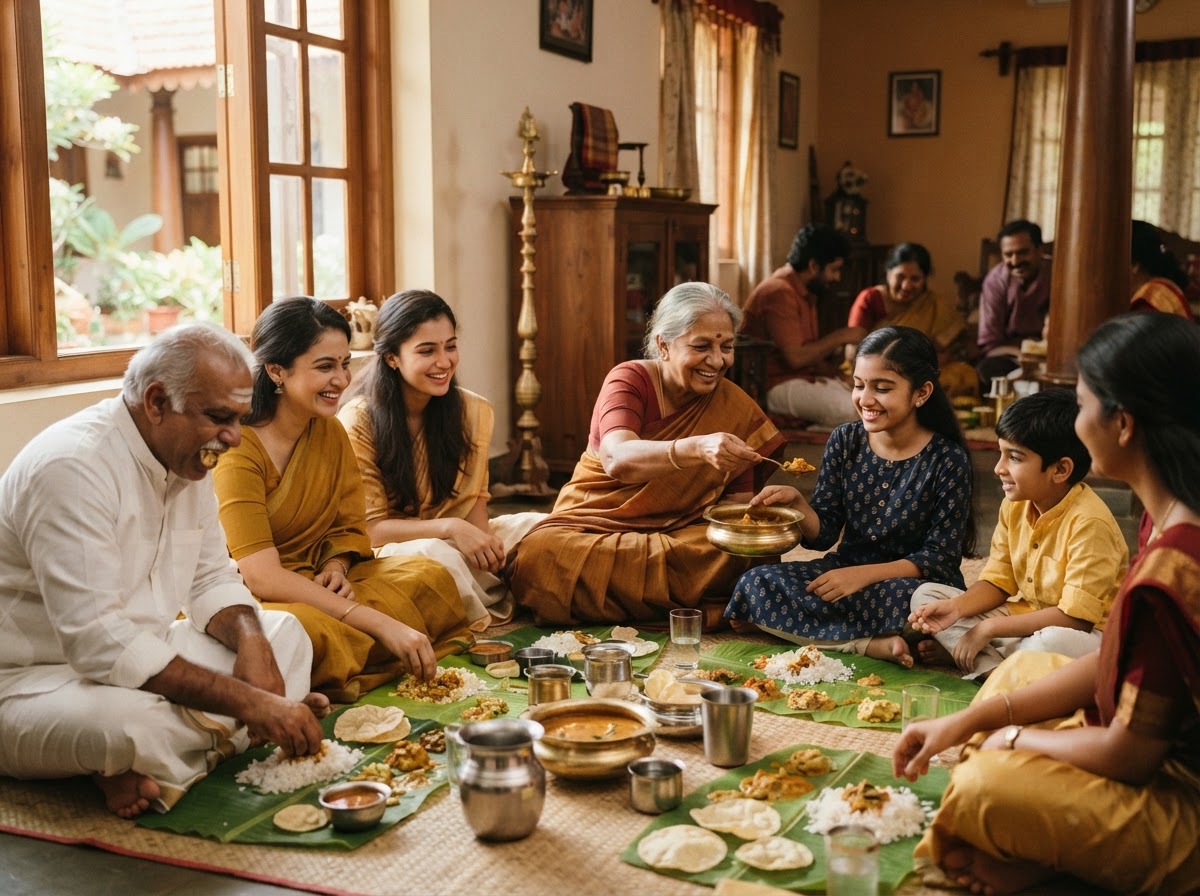 A multi-generational Telugu family sharing a traditional meal
