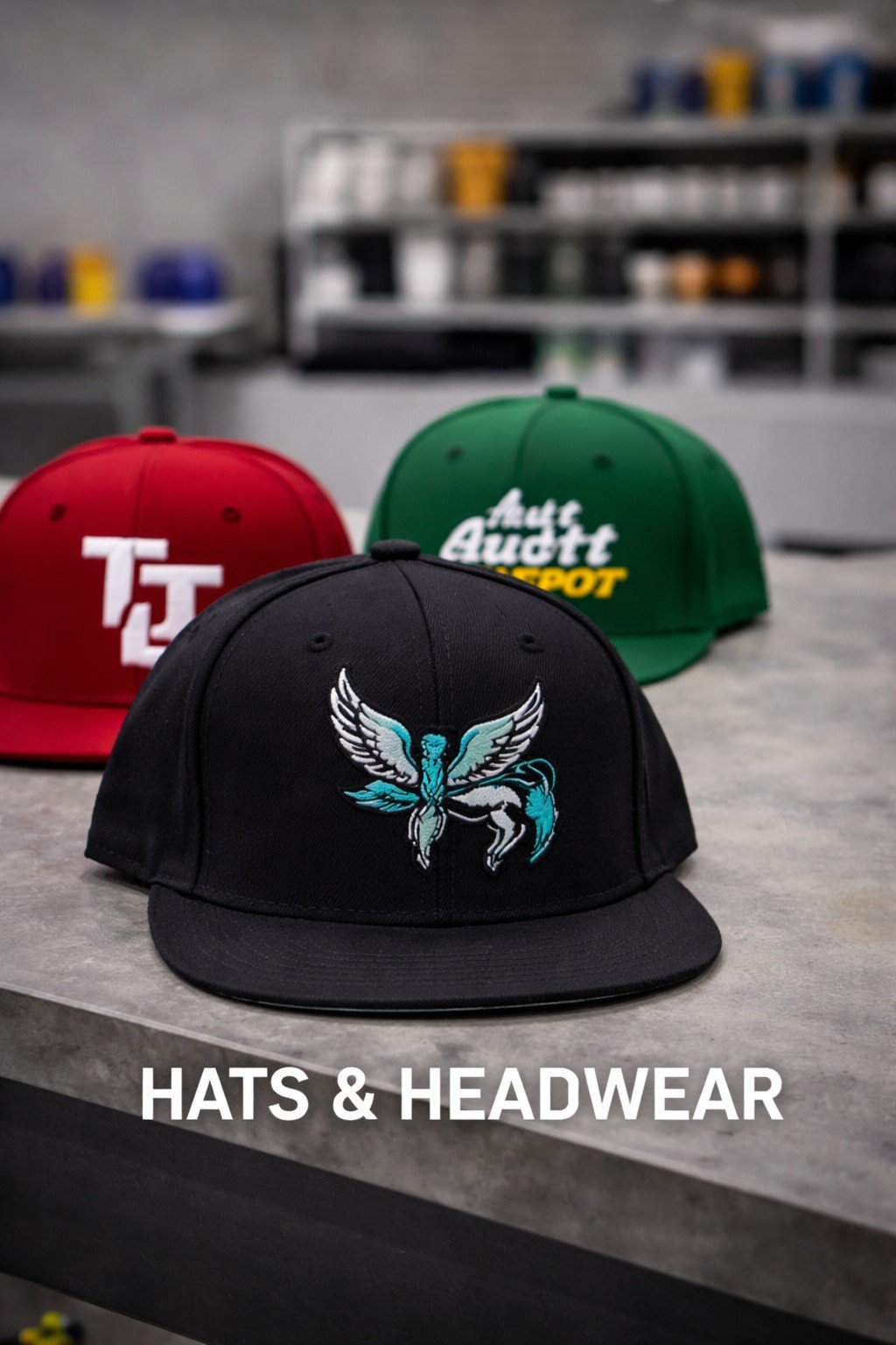 Hats and headwear with custom embroidery placements, Ontario