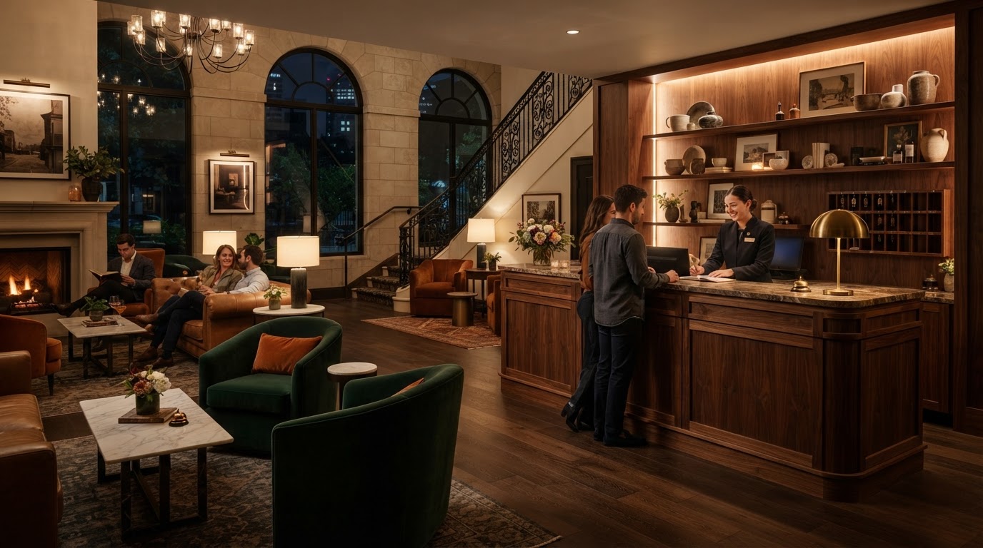 Elegante Hotelrezeption bei Nacht