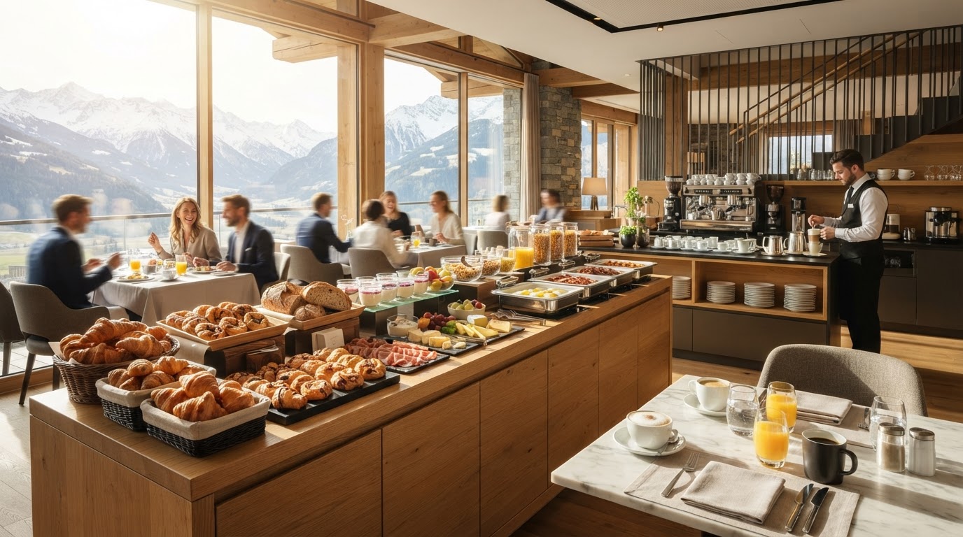 Frühstücksraum mit Buffet & Alpenlicht
