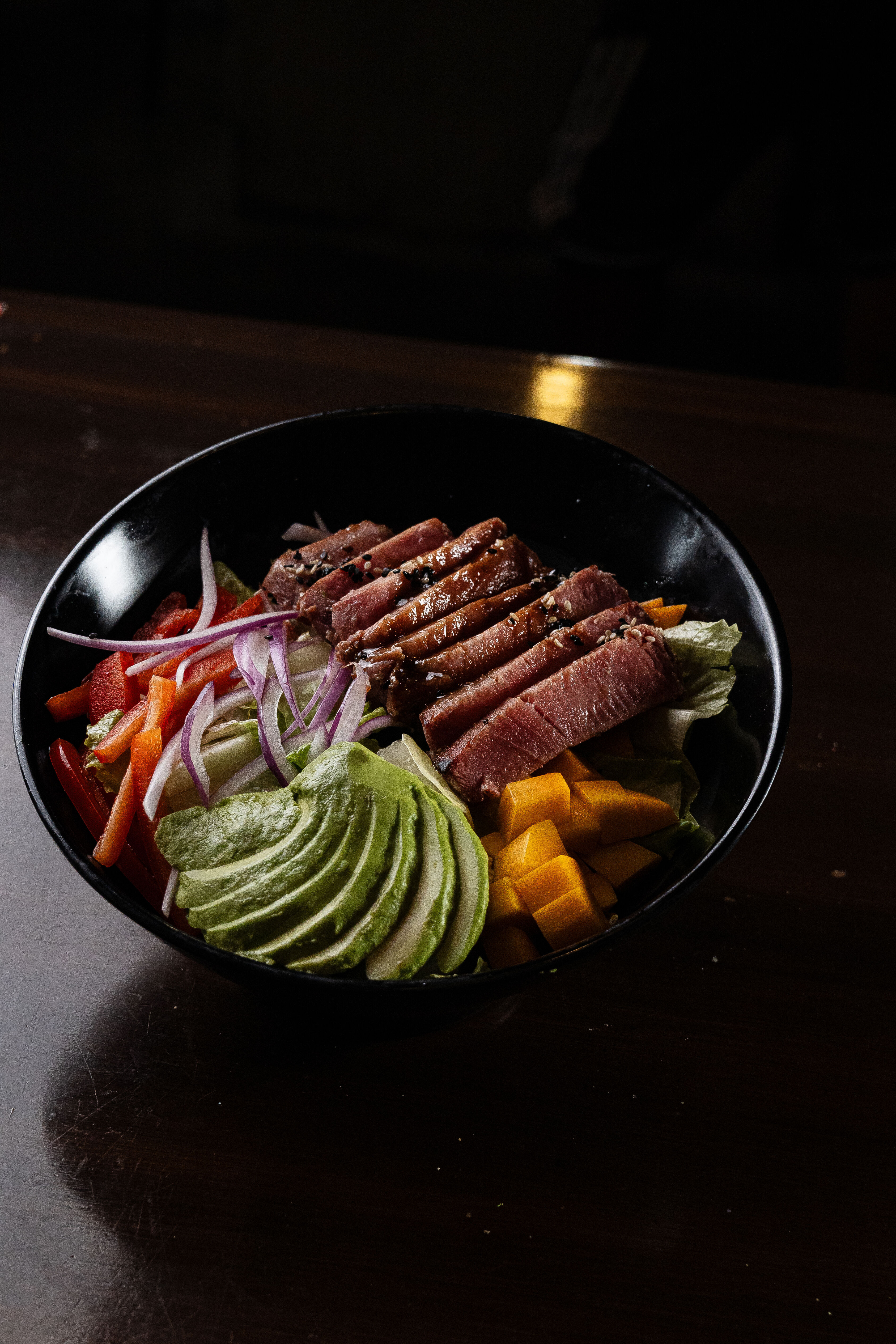 Seared Tuna Steak Salad with Fresh Mango & Avocado Fan