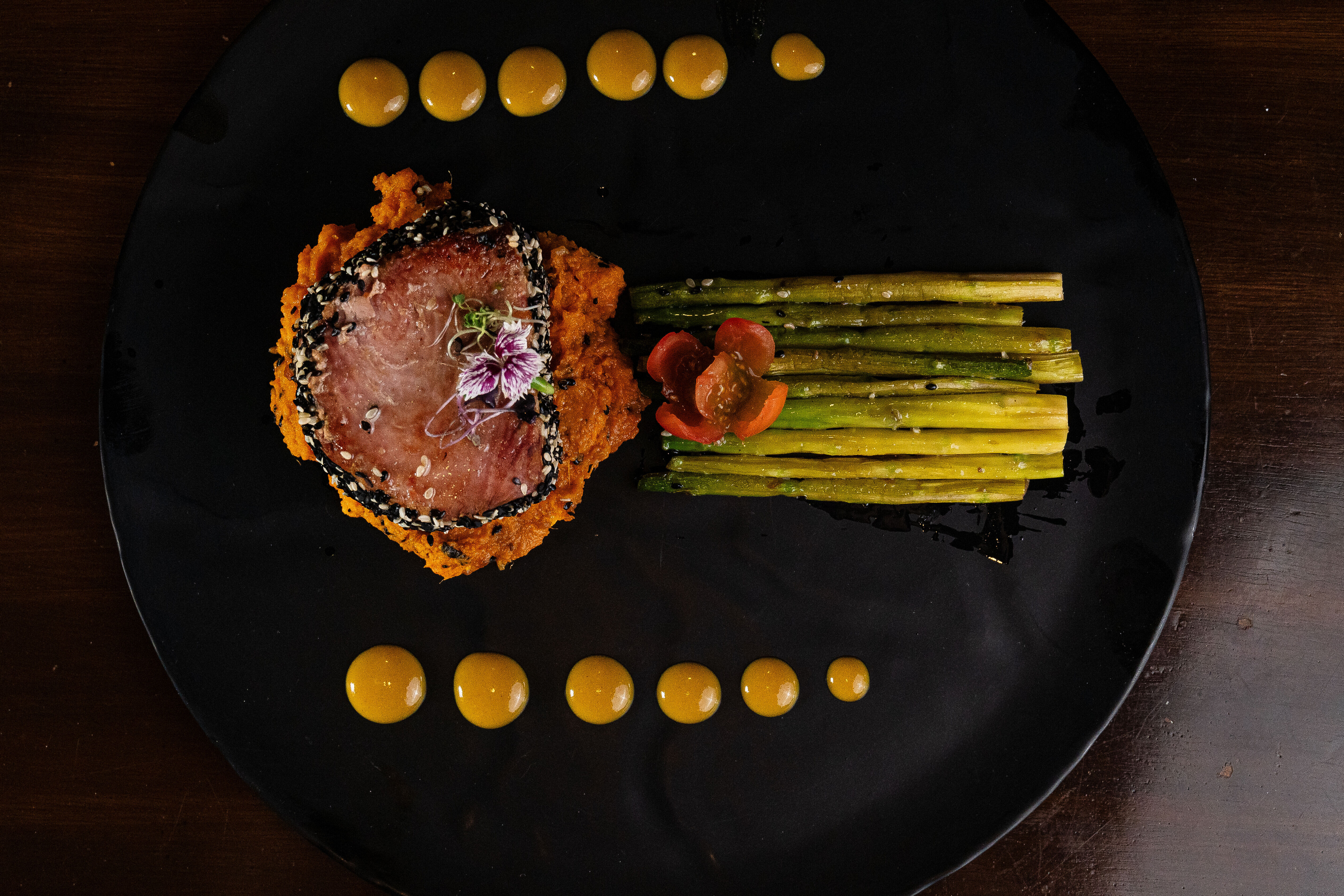 Seared Tuna Steak with Sweet Potato Puree & Asparagus