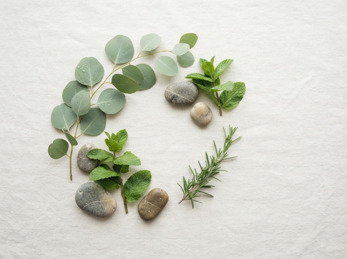 Soft botanical leaves and fresh herbs arranged on linen
