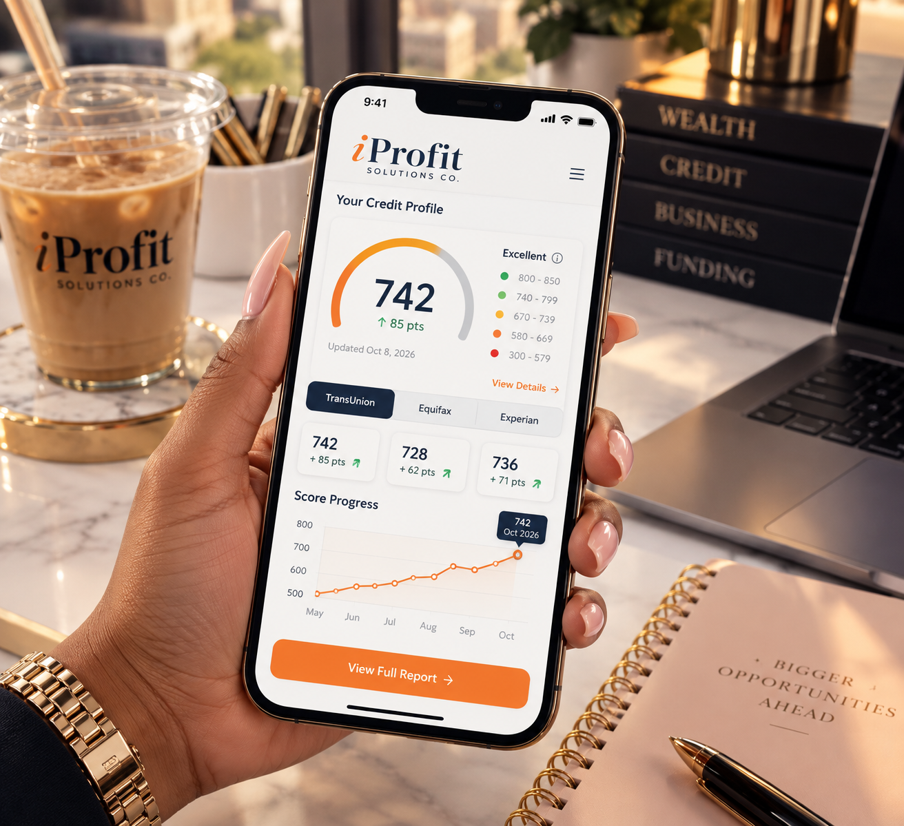 iProfit Solutions mobile credit profile dashboard displaying score progress and three bureau monitoring