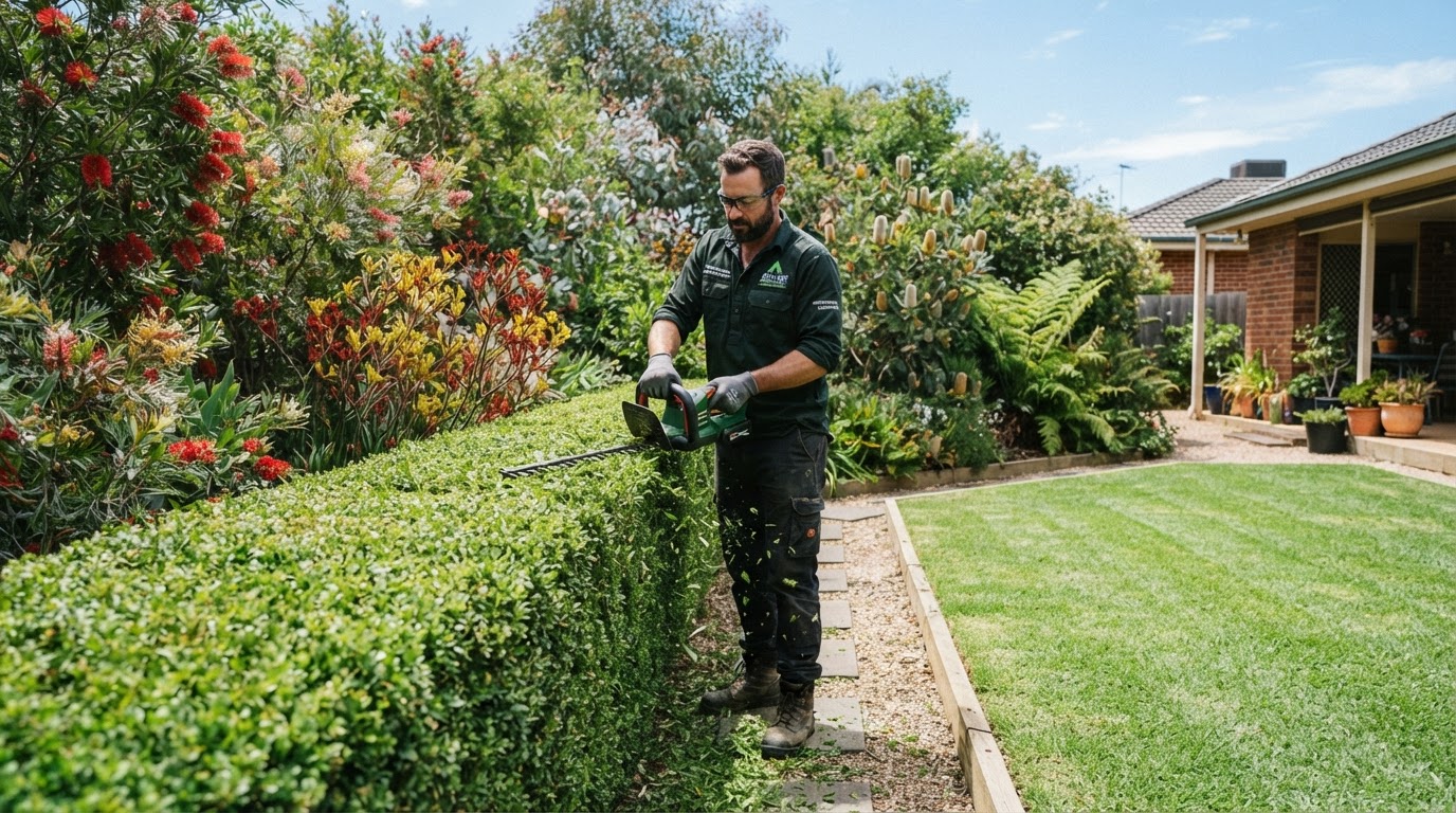 Adelaide gardener trimming hedges in a lush suburban backyard