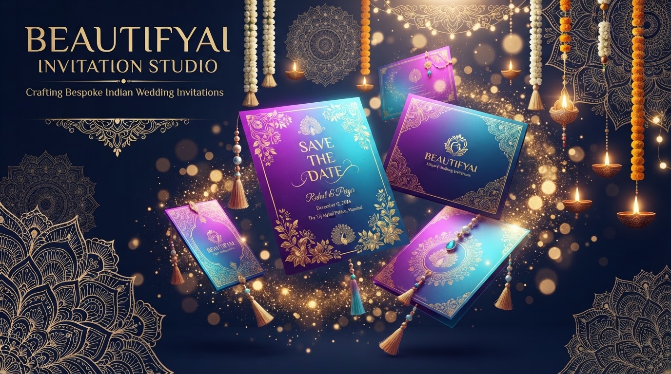 BeautifyAI premium invitation showcase with gold mandala and floral designs