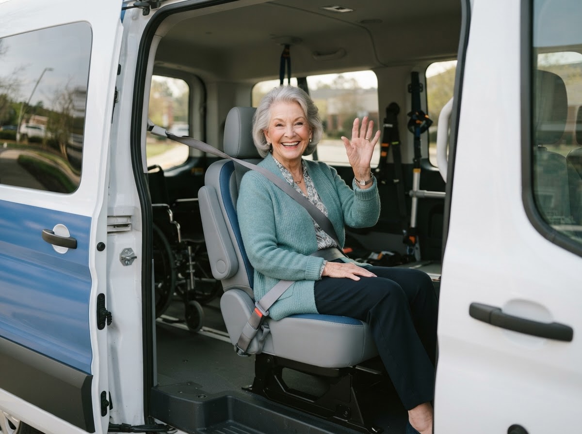 Senior passenger waving from inside an MT Trusted Transportation van in Phoenix
