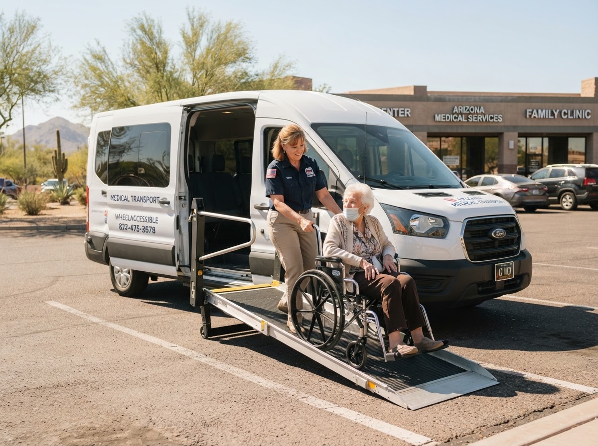 Wheelchair passenger being assisted out of an MT Trusted Transportation van in Phoenix