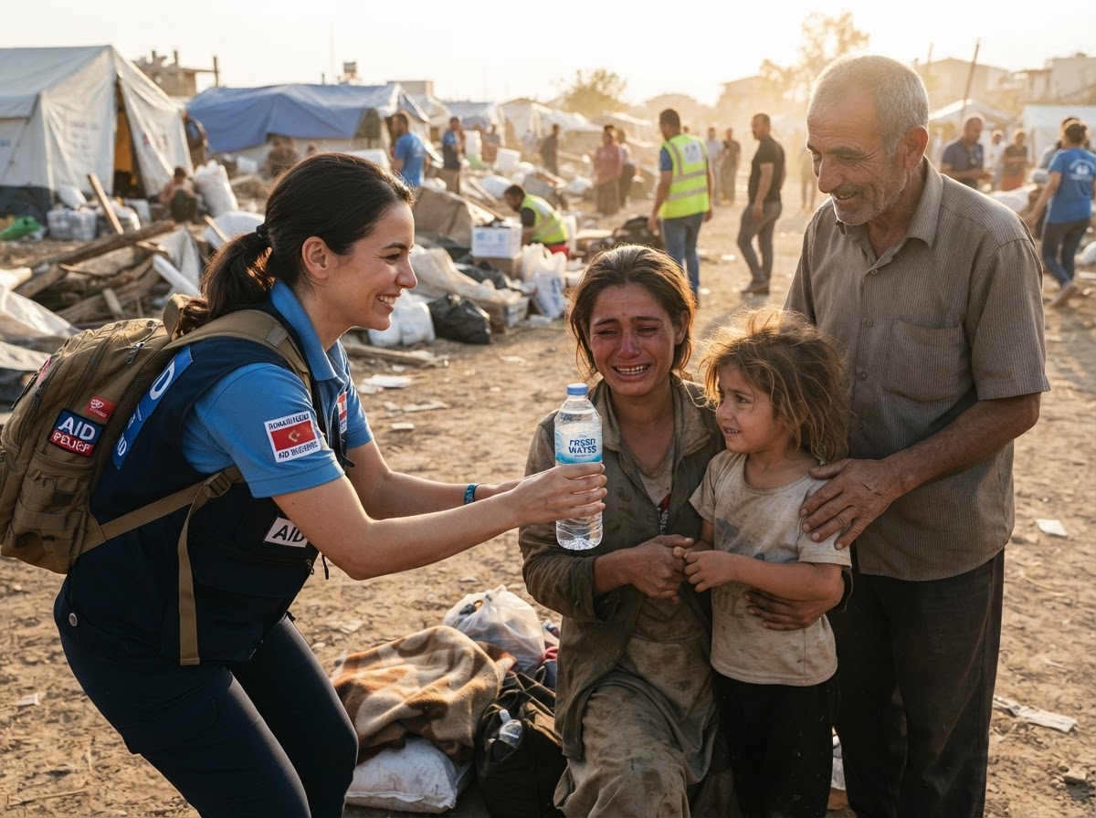 A relief worker handing a bottle of clean water to a family