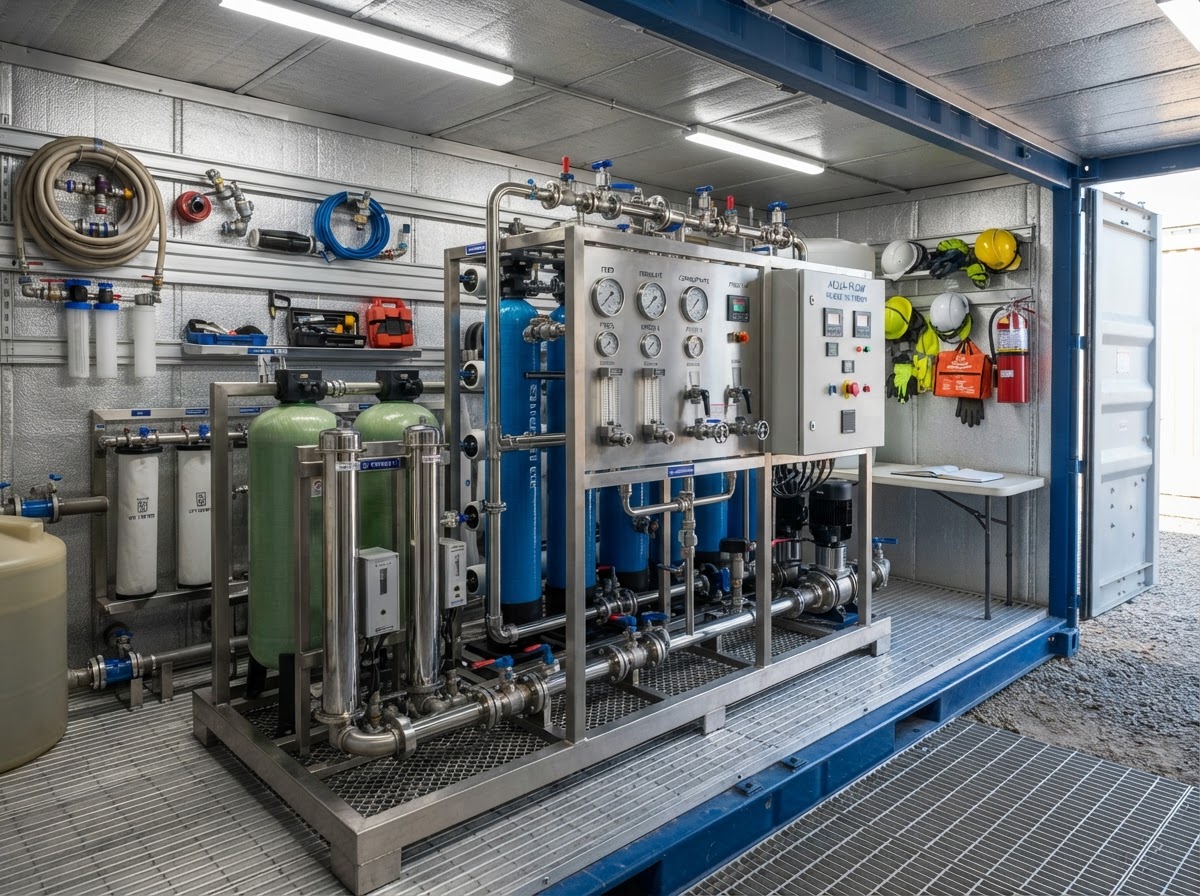 Advanced mobile reverse-osmosis water filtration equipment with stainless steel pipes and pressure gauges