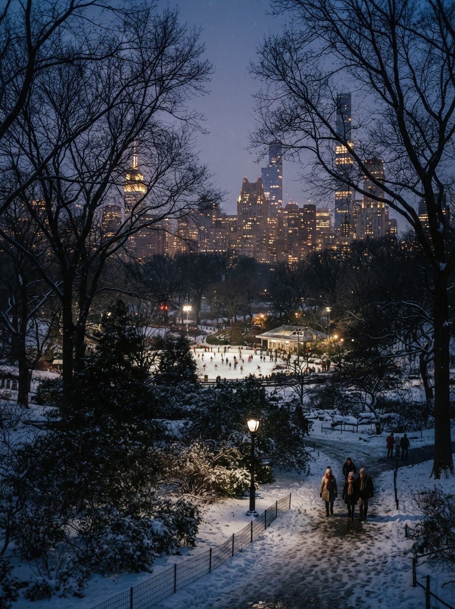 Central Park at winter dusk with the Manhattan skyline glowing beyond bare trees