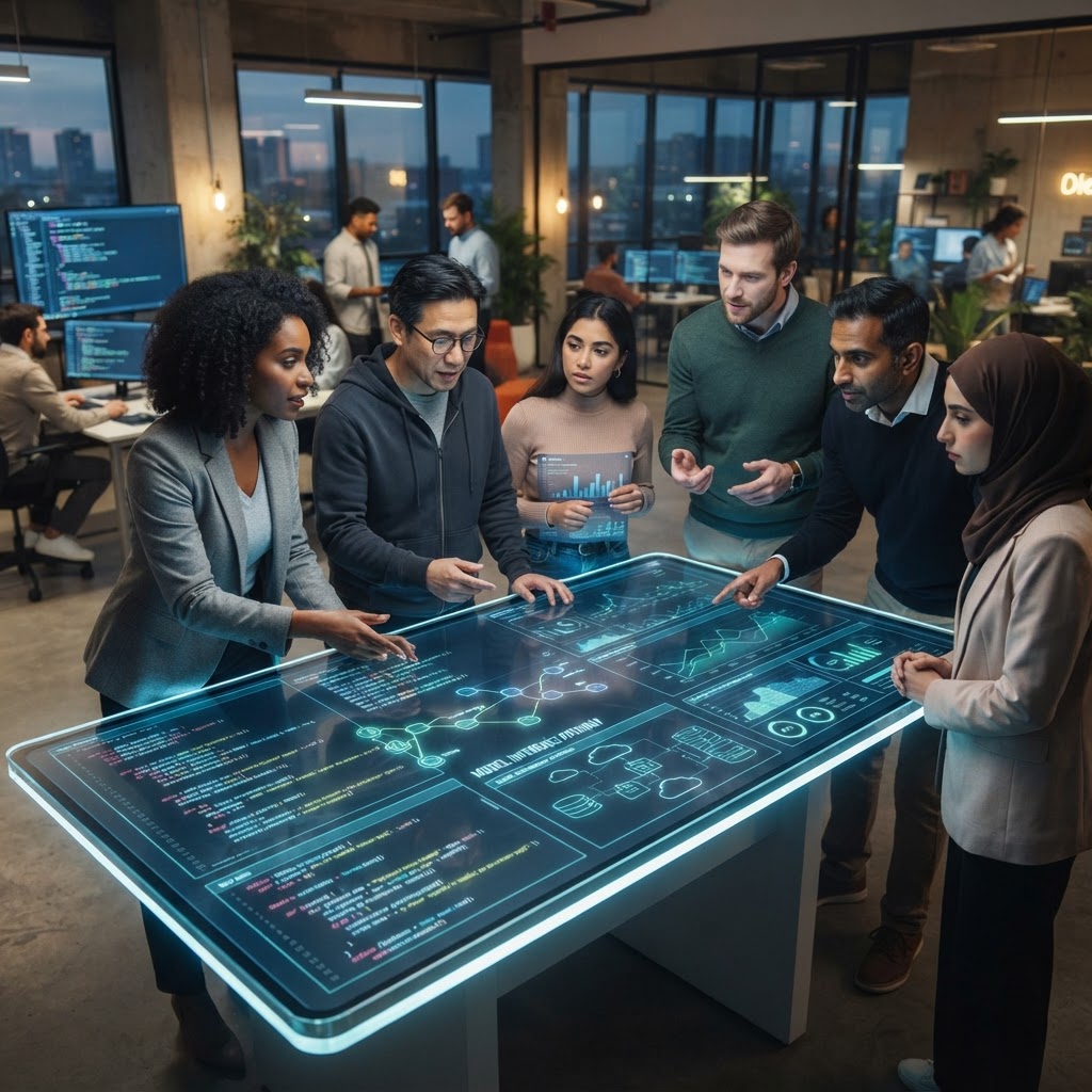 Developers collaborating on distributed cloud architecture