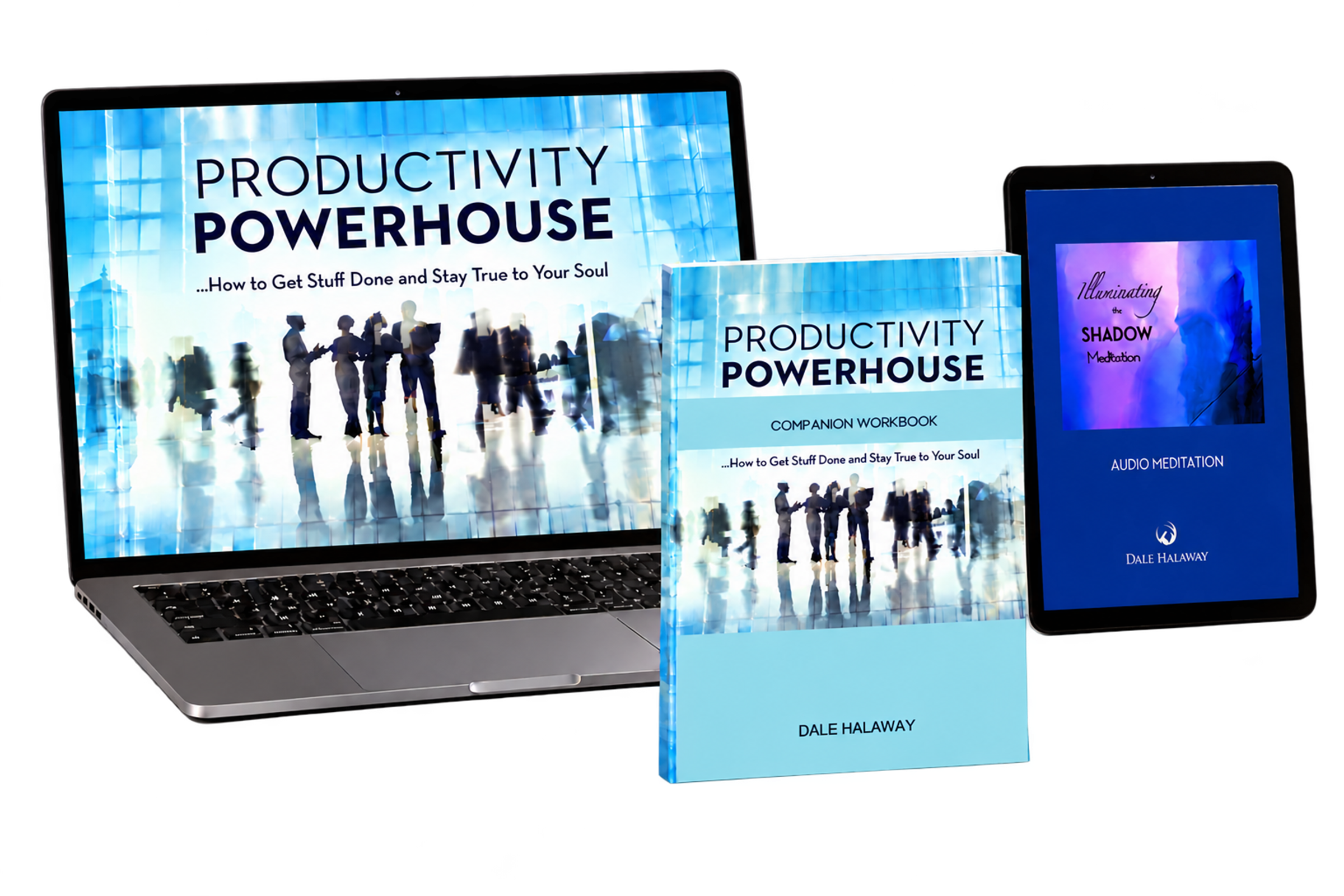 Productivity Powerhouse video course, companion workbook and Illuminating Your Shadow Meditation bonus. Digital products; devices shown for illustration.