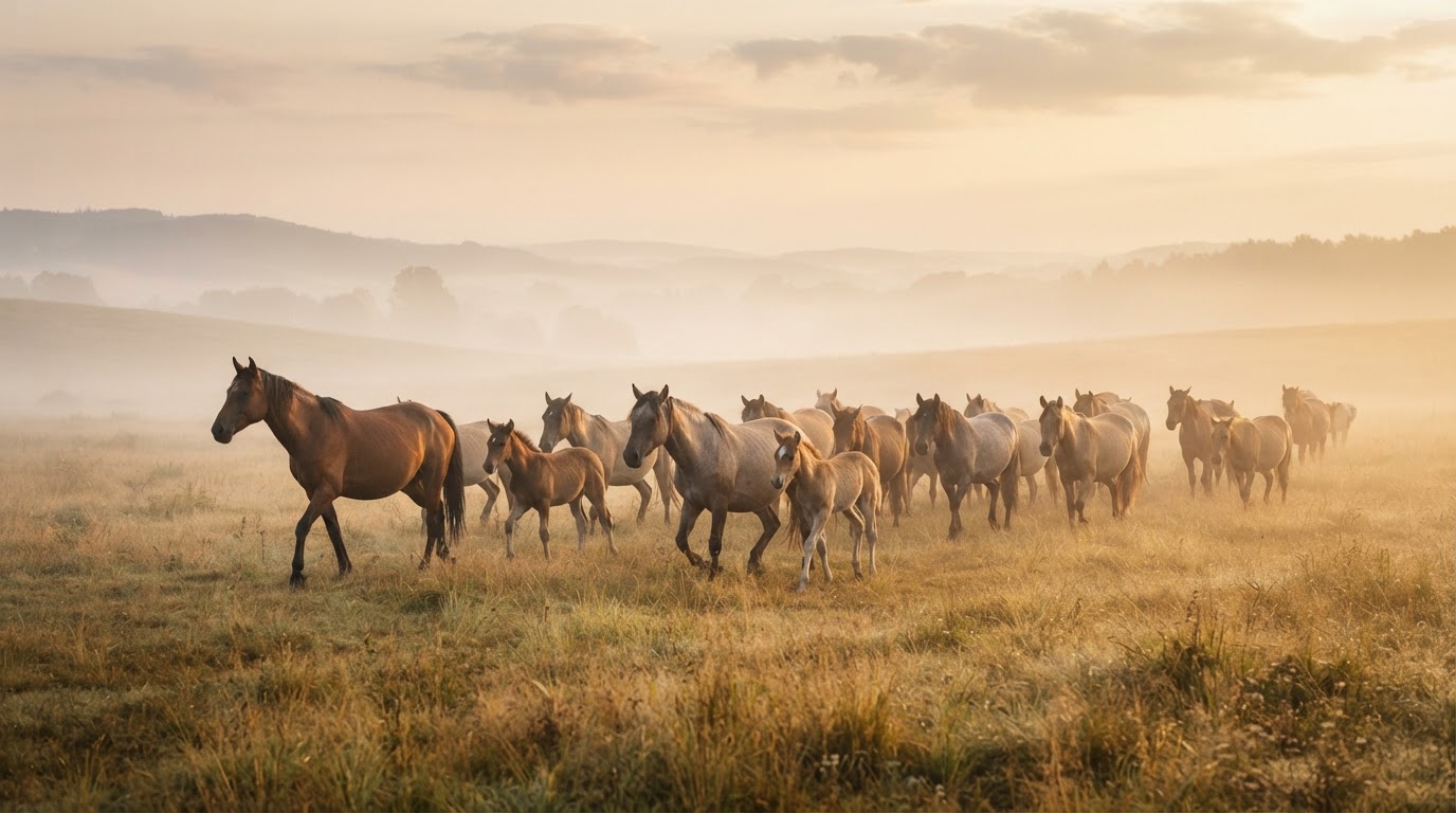 Manada de caballos avanzando juntos entre la niebla al amanecer