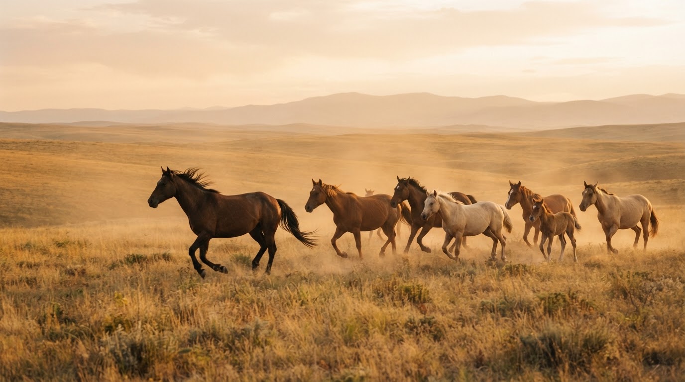 Manada de caballos en libertad cruzando una pradera dorada al atardecer
