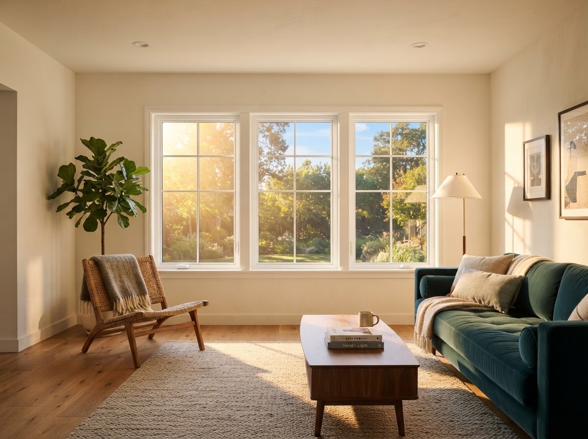 Energy efficient white vinyl windows with low-e glass in a bright living room with sun streaming through clean glass