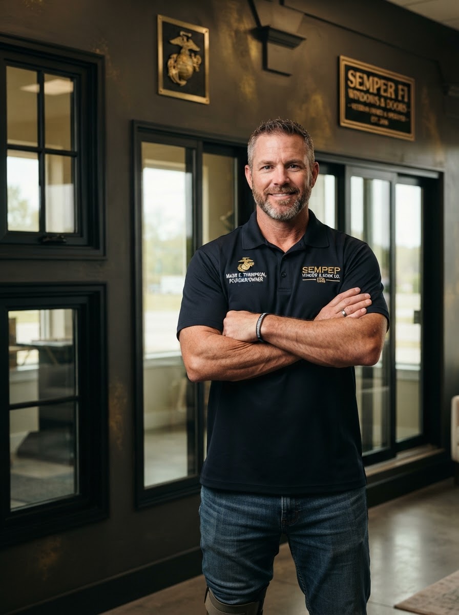 Bradley James, U.S. Marine Corps disabled veteran and founder of Bradley James Windows & Doors, in front of a wall of premium installed windows