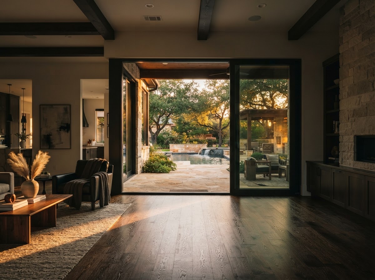 Large patio sliding glass door opening to a Texas backyard at golden hour