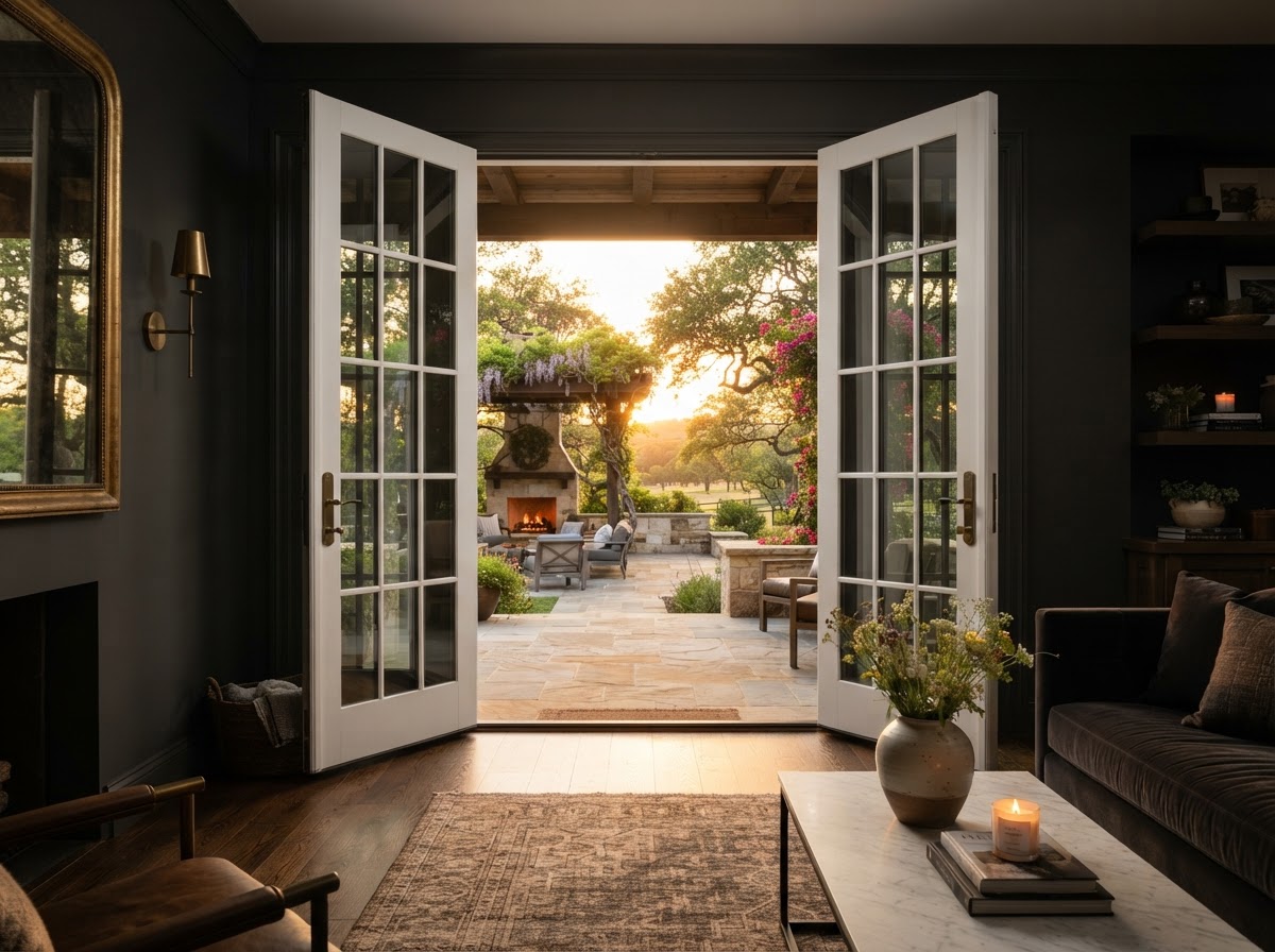 Elegant white French doors with divided lite glass opening to a Texas patio at golden hour