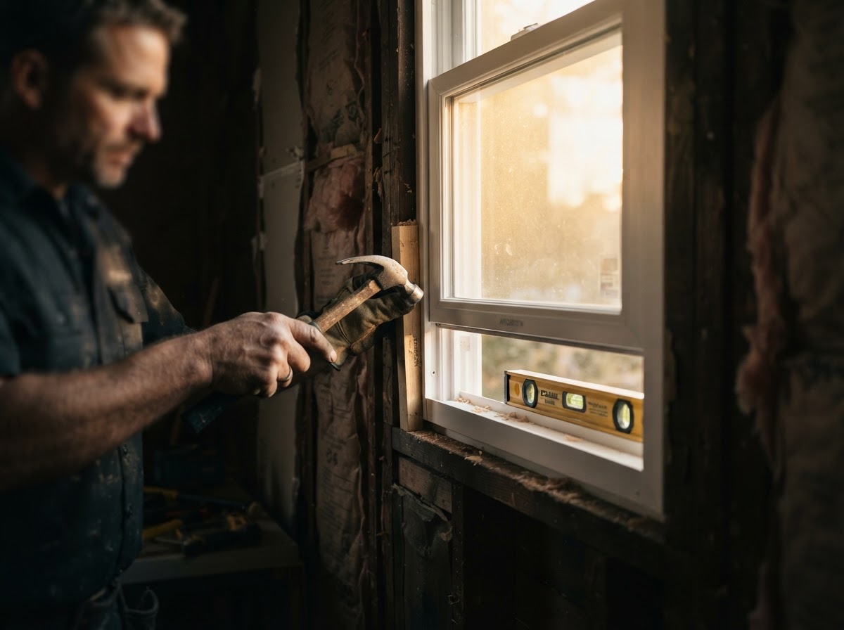 Close-up of an installer's hands trimming a premium Andersen window during installation
