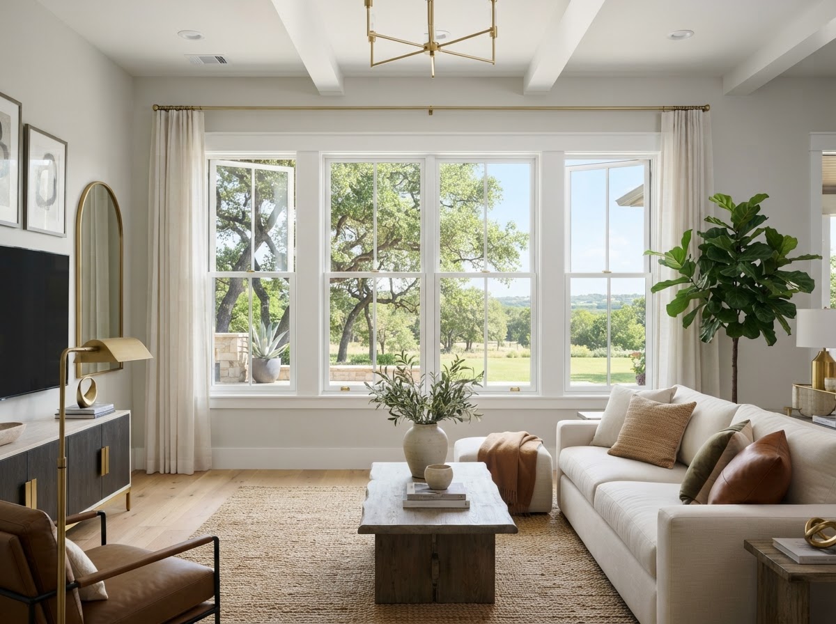 White double-hung and casement windows in a bright modern Texas living room, clean trim, fresh installation