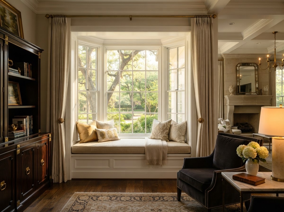Newly installed bay window with window seat in an elegant Plano-area living room