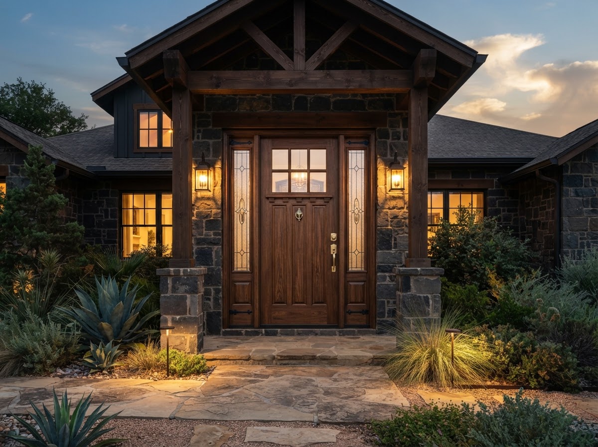Premium fiberglass entry door with brushed gold hardware installed on a Texas home