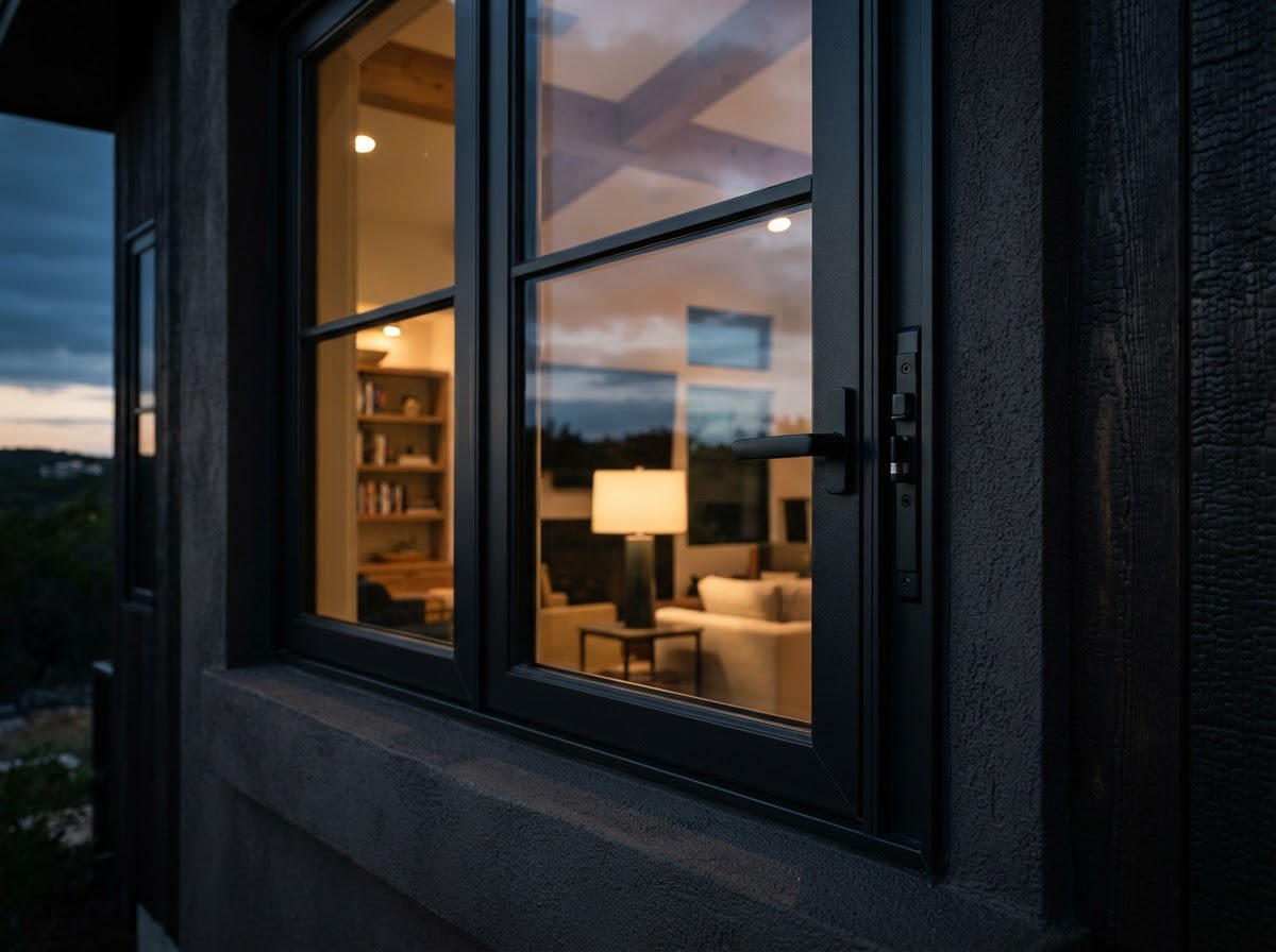 Close-up of Andersen Fibrex composite windows on a dark exterior modern Texas home at dusk